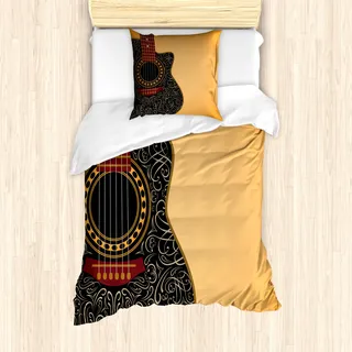 ABAKUHAUS Gitarre Mantele, Floral Folk Ornament, Milbensicher Allergiker geeignet mit Kissenbezügen, 135 cm x 200 cm - 80 x 80 cm, Pale Orange Schwarz Maroon - Orange
