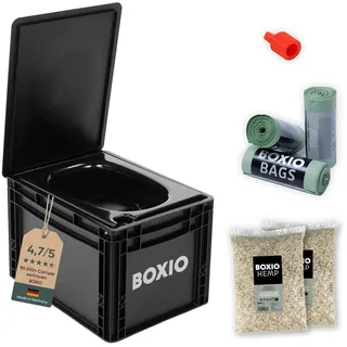 BOXIO - Toilet Plus: Campingtoilette Starter Kit mit Hemp, Plug & Bags | Mobile Trockentrenntoilette ohne Chemie für Camping Van, Outdoor: Toilette auf Eurobox Basis ohne Strom für unterwegs