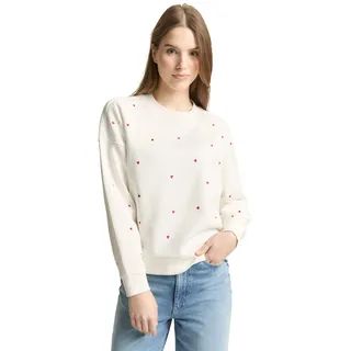 Sweatshirt TOM TAILOR DENIM, Damen, Gr. S, weiß (sanftes weiß rot heart embroidery), Sweatware, Obermaterial: 100% Baumwolle, bedruckt, loose fit normal, Rundhals, Rippbündchen, Sweatshirts Sweatshirt, mit All-Over Print