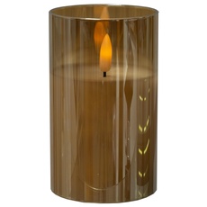 Brandsseller LED Echtwachs Kerze im Rauch Glas Flackerfunktion Warmweiß Timerfunktion (Einzeln 7,5x12,5 cm, Gold)