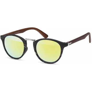 Stylebreaker Sonnenbrille Panto Holzoptik Runde Retro Brille UV400" 1 Stk., gestell schwarz, silber, glas gelb verspiegelt