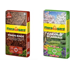 Floragard Mulch Pinienrinde 7-15 mm 60 L • fein • dekorativer Bodenbelag • unterdrückt Unkrautwuchs • naturbelassen • für mediterranes Flair & Florahum Pflanzerde 70 L • Universalerde