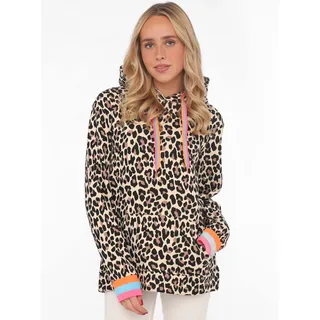 Hoodie ZWILLINGSHERZ "Leo Allover Neon Kante", Damen, Gr. M, beige, Sweatware, Obermaterial: 50% Baumwolle, 50% Polyester, gemustert, kontrastfarbene Details, mehrfarbig, regular fit normal, hoch geschlossener Ausschnitt, angesetztes Bündchen, Sweatshirts Hoodie, mit Animal-Design und kontrastfarbigen Ärmelbündchen