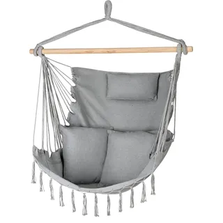 Hängesessel mit Kissen 100x130x75cm – bis 150 kg - Outdoor Sessel mit Kissen - Sitzsack zum Hängen Schaukel Für Garten und Zimmer – Boho – Fransen Brasilianischer Stuhl - Grau
