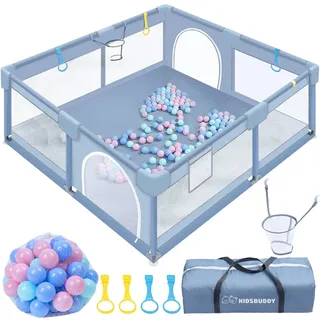 Verdego Laufstall Baby 150 x 180 x 66 cm, Laufgitter Baby, Laufstall Faltbar mit Zugringen, Bällen, 210D Oxford, Atmungsaktivem Netz, Sicherheitsspielplatz Schutzgitter für Kinder (Hellgrau)