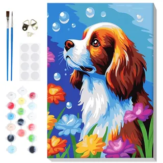 Lxmsja Malen Nach Zahlen Erwachsene Kinder mit Rahmen, Malen Nach Zahlen Hund, Diy Set Erwachsene mit Pinseln und Acrylfarben Handgemalt Ölgemälde Leinwand für Home Décor, 20x30cm