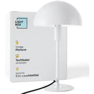 Lightbox Pilz-Tischlampe | Home Office Schreibtischlampe mit Wipp-Schalter | LED Lampe als Nachttischlampe, Büro und Schreibtisch Zubehör | E14 Fassung | aus Metall in Weiß Silberfarben