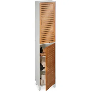 Relaxdays Badezimmerschrank, HxBxT: 190 x 30 cm, 6 Fächer, MDF & Bambus, hoch, schmal, Bad Hochschrank, weiß/Natur