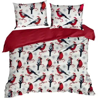 EUROFIRANY | Bettwäsche - Bettgarnitur - 220 x 200 cm - Weiß Rot Vögel - Weihnachtsbettwäsche - Weihnachten - Xmas - Weiß, Rot