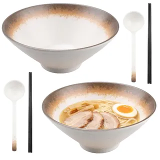 Doafoce 2 x 1100ml Ramen Schüssel Set Ramen Bowl aus Kunststoff Melamin Ramenschüssel mit Essstäbchen und Löffeln Geschirr Groß Schalen 20cm für Nudeln Suppen Salate