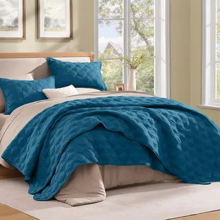 Litanika Bettwäsche-Set für King-Size-Betten – blaugrüne Sommerdecke – leichte Tagesdecken und Decken türkis – Bettbezug für alle Jahreszeiten – 3 Stück (1 Steppdecke, 2 Kissenbezüge)