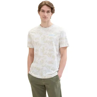 TOM TAILOR Herren Basic T-Shirt mit Allover-Print, beige white leaf design, XL