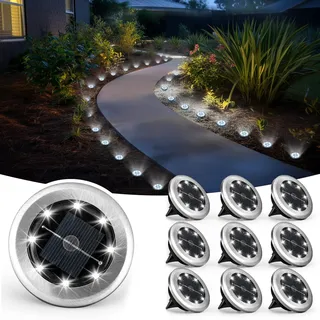 Solpex Klein Solar Bodenleuchten, Solarleuchte für Garten 8 LEDs 10 Stück, Weiß Gartenleuchten Edelstahl Wasserdicht für außen, Garten, Terrasse, Rasen, Hof, Gehweg