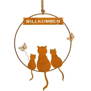 Logbuch-Verlag Türkranz WILLKOMMEN aus Metall Rost Patina mit Katzen Motiv 19 x 25 cm rostfarbener Kranz Türschild Katzenfamilie