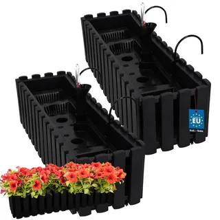 KOTARBAU® Blumenkasten Balkon 58x18x16cm, Balkonkasten mit Wasserspeicher | Blumenkasten Balkongeländer, Balkonkasten mit Halterung, Pflanzkübel rechteckig, Selbstbewässernd, PVC, Anthrazit, 2er Set