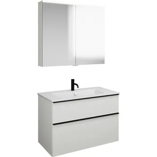 burgbad Eqio Set, bestehend aus Spiegelschrank, Keramik-Waschtisch Slim und Waschtischunterschrank, Breite 920mm, SHCP092F6582C0001G0252, Farbe: Weiß Matt / Weiß Matt, Griffleiste Schwarz Matt G0252