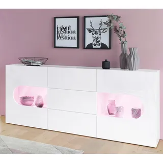 INOSIGN Sideboard »Real,Vitrine,Kommode,Schrank, komplett hochglanz lackiert«, mit 2 Glastüren und 3 Schubladen ohne Griff, Breite 180, weiß