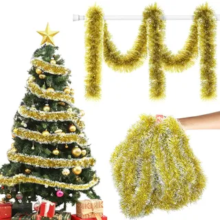 10m Girlande Weihnachten,Weihnachtsbaum Deko,Girlande Tannengirland mit Schnee,Weihnachtsgirlande,Weihnachtsdeko Girlanden,Hängende Dekorationen für Outdoor,Weihnachtsbaum, Treppe,Tür, Kamin (Gold)
