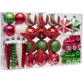 Valery Madelyn Weihnachtskugeln Kunststoff Christbaumkugeln zur Weihnachtsdekoration mit Weihnachtsbaumspitze und Aufhänger Klassische Serie Thema Rot Grün Weiß MEHRWEG Verpackung (50)