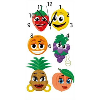 Wallario Design Wanduhr Obst-Smilies im Comic-Stil - Lustige Früchte aus Echtglas, Größe 30 x 60 cm - Weiß