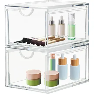 CECOLIC 2er Pack stapelbare Kosmetik Organizer Schubladen, Durchsichtiger Acryl Make up Aufbewahrungs Organizer, Kunststoff Aufbewahrungsbehälter, Kosmetikbehälter