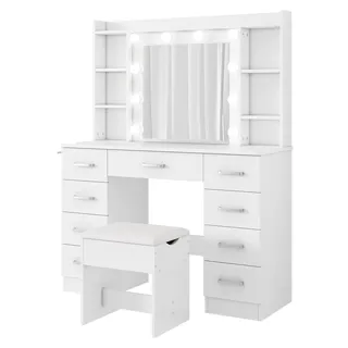 ZELURXX Schminktisch Weiß 110×40×145 cm mit LED-Spiegel 10 Lichter USB inkl. Hocker Föhnhalter Metallauszug