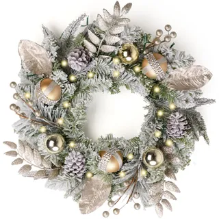 Valery Madelyn 16 Zoll/40CM Weihnachtskranz türkranz Weihnachten, haustür weihnachtskranz Weiß Gold, Adventskranz mit 20 LEDs Timer und Tannenzapfen Weihnachtskugeln für Weihnachtsdeko Feste Advent