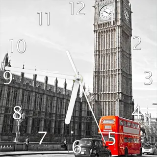 Wallario Design Wanduhr London Red Bus aus Echtglas, Größe 20 x 20 cm - Rot