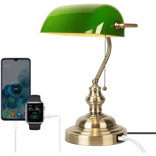 JCPYIUL Grün Glas Banker Schreibtischlampe, Tischlampen Retro, Tischleuchte mit kabellosem Ladegerät USB, Nachttischlampe mit Ladefunktion Antikes Metall Messing Zugkettenschalter
