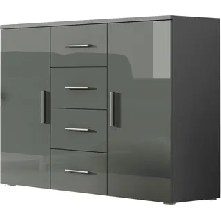 Furniture24 Kommode Uni - SOHO Sideboard mit 4 Schubladen, 2 Türen Grau/Grau Hochglanz - Schwarz