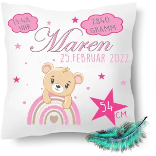 Personalisierbares Kissen zur Geburt für Jungen und Mädchen, Geburtskissen mit Namen, Geschenk, bedrucktes Teddy Rosa Kissen | Dekokissen, Zierkissen, Taufe | Kuschelkissen 40X40 (ohne Kissenfüllung)