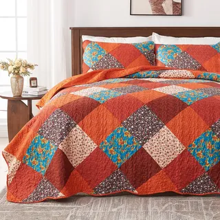 Qucover Tagesdecke 220x240 Rot Orange, Patchwork Leicht Bettüberwurf, Bedspreads aus Mikrofaser, Patchworkdecke Bunt mit 2 Kissenbezügen, Sofa Überwurfdecke für Alle Jahreszeiten