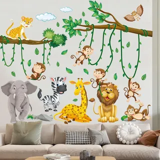 Wandtattoo Dschungel Tiere Baum Reben Wandsticker Kinderzimmer Tierische Party Wandaufkleber Elefant Giraffe Löwe Affe Zebra Eule für Jungen Mädchen Babyzimmer Schlafzimmer Wanddeko