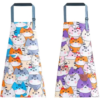 SLAXJNE 2 Stück Cartoon-Katzenschürzen, Kinder-Kochschürzen, Antifouling-Schürzen, Neckholder-Schürzen, Niedliche Bedruckte Schürzen, Küchen-Backschürzen, Gartenschürzen