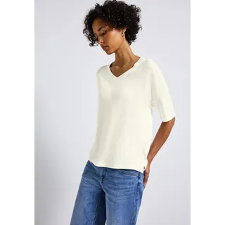 STREET ONE T-Shirt mit V-Ausschnitt und im Strick-Look, weiß