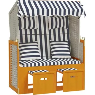 vidaXL Strandkorb mit Kissen Poly Rattan & Massivholz Weiß & Blau - Weiß