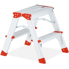 Bild von Trittleiter klappbar, 2 Stufen, Treppenleiter Aluminium, Leiter bis 120 kg, HBT: 39 x 38 x 40 cm, Silber/rot