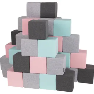 KiddyMoon schaumstoff würfel für baby weiche blöcke 48 stücke schaum spielzeug montessori-spielzeug mit schaum und viel spaß für kinder, hergestellt in der eu, blöcke: hellgrau-dunkelgrau-pink-mint