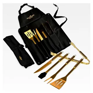 BBQ Grillwerkzeug Set - 5-teilig mit faltbarer Schürze - Grillgabel - Spatel - Grillbürste - Messer - Zange - Ideal für Camping, Küche und Partys
