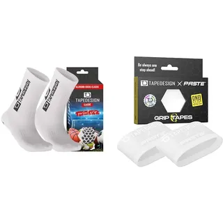 Tapedesign Unisex Allround Classic Socken, Weiß, Einheitsgröße EU & Schienbeinschonerhalter Grip Tapes aus Silikon, Fußball Männer, Frauen, Weiß - Halterung für Fussball Stutzen, Stutzentape