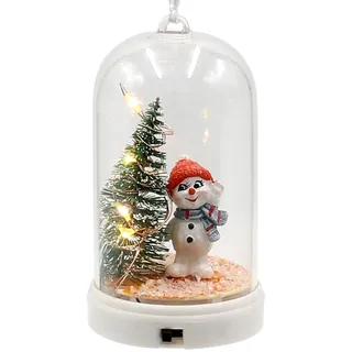 Baumbehang - Anhänger - Glocke mit Schneemann und beleuchteten Tannenbaum, Schneekind mit Mütze und Schal in orange und grau, L/B/H 6 x 6 x 11 cm.