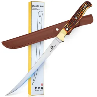 DRAGON RIOT Filetiermesser Fisch, 18.5 CM Fishing Edelstahl Fischmesser mit Anti-Rutsch-Griff,Ausbeinmesser Profi Angelmesser Sehr Scharf mit Scheide für Fisch & Fleisch, Geschenk für Männer