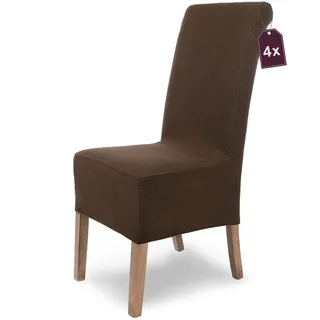 SCHEFFLER-Home Stretch Stuhlhussen Sofia - 4er Set Elastische Stuhlabdeckungen für Schwingstühle und Hochlehner - Braun Flanell Mit Gummiband