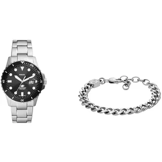 Fossil Herrenuhr Blue Dive und Armband-Schmuck, silberfarbener Edelstahl, Set