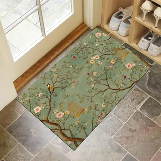 JEDTAKCT Dunkelgrün Waschbarer Teppich Orientalische Blumen Muster 60X90Cm Retro-Tiere Eingangsbereich Modern Fußmatte Badezimmerteppich Weich rutschfest Kleiner Kurzflor Bad Schlafzimmer