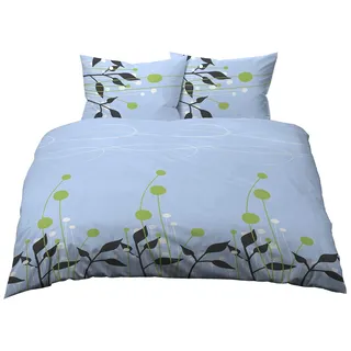 Gerald Wittmann 3 TLG. Bettwäsche 200x200 cm + 70x90 cm, Baumwolle Renforce, Blumen Blau Grün Anthrazit