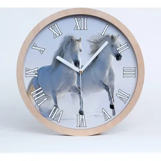 Holzuhr 25fi cm wanduhr - weiße Spitzen - Zwei Pferde im Schnee - Weiß