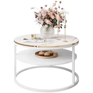 lookway Runder Couchtisch mit Ablage Weiß Marmor 49 x 49 cm