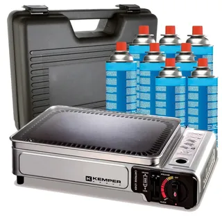 KEMPER - Gasgrill, tragbar, 2300 W, Antihaftplatte + 8 Camping-Gaskartuschen + Transportkoffer