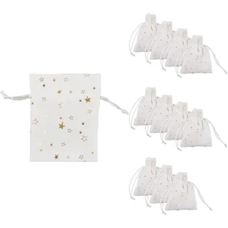 Idena 90421 - Stoffbeutel ca. 10 x 13 cm, 12 Stück, weiße Säckchen mit Sternen-Motiv, Weihnachtssack mit Kordel, Geschenkbeutel für Weihnachten, Weiß